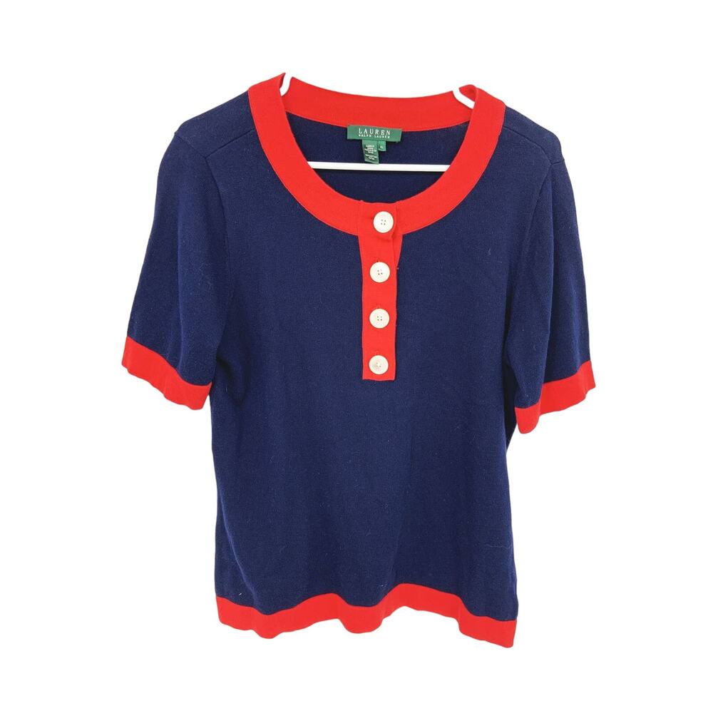 Lauren RL Navy Blue Red Trim Jumbo Buttons Knit Short Sleeve Shirt Size XL